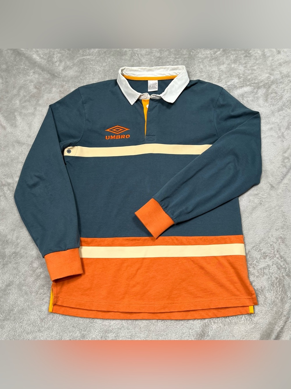 Umbro Rugby Polo Mens M Blue/Gray/Orange Striped Long Sleeve Shirt Preppy